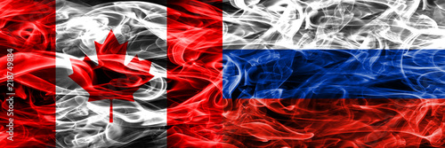 Canada vs Russia smoke flags placed side by side. Canadian and Russia flag together