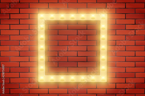 Frame of Retro light bulb on brick wall. Square frame and Volumetric light. Advertising design of signboard. Vector Illustration