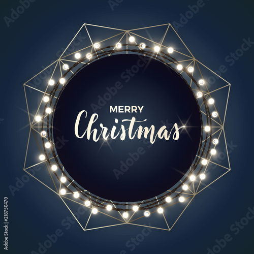 Round Christmas design with light bulb garland and decorative geometric wreath on dark backround. Vector illustration. Template for banner, card or flyer.