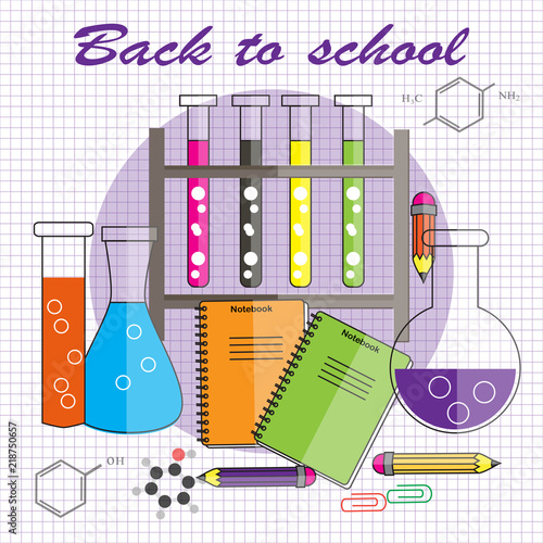 Back to school.Vector illustration in flat style. Chemical reagents with test tubes