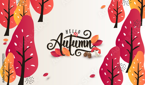 Autumn calligraphy background layout decorate with leaves for shopping or promo poster and frame leaflet or web banner.Vector illustration template.