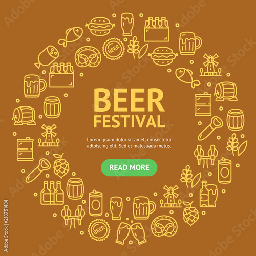 Beer and Oktoberfest Signs Round Design Template Thin Line Icon Concept. Vector