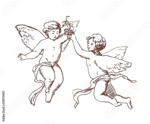 Pair of flying Cupids or angels carrying bunch of grapes hand drawn with contour lines on white background