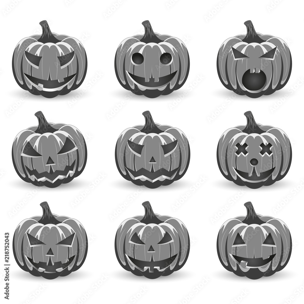 Set pumpkin on white background. The main symbol of the Happy Halloween holiday. Black and White pumpkin with smile for your design for the holiday Halloween. Vector illustration. Set pumpkin on white background. The main symbol of the Happy Halloween holiday. Black and White pumpkin with smile for your design for the holiday Halloween. Vector illustration.
