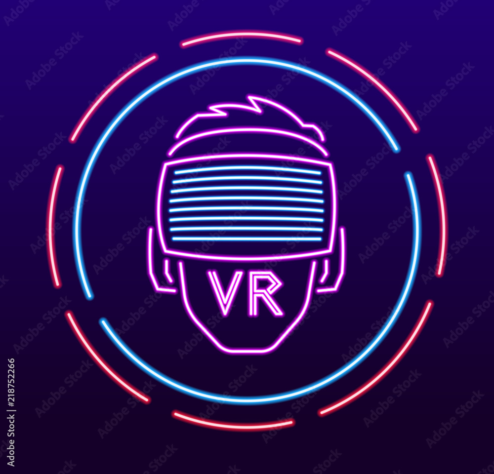 Man wearing virtual reality headset. Abstract vr world with neon lines. Vector illustration Man wearing virtual reality headset. Abstract vr world with neon lines. Vector illustration
