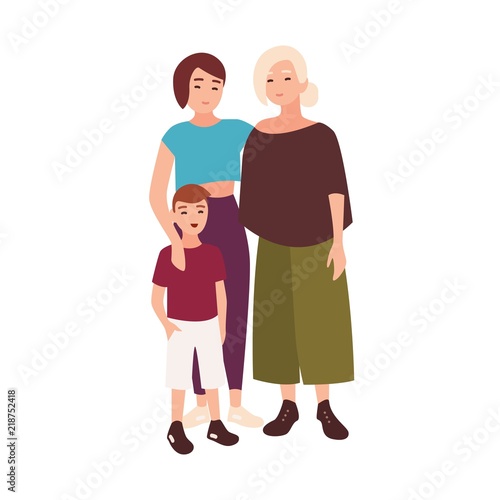 Portrait of smiling female homosexual partners or spouses standing together with adopted boy kid