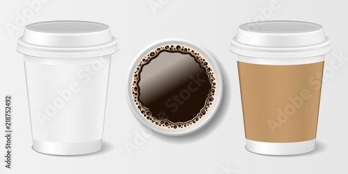 Set of Realistic paper take-out coffee cup. 3d paper mug for coffee, front and top view. Vector illustration