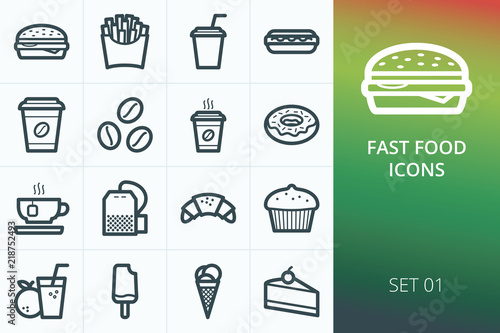 Fast food icons set. Set of burger, french fries, coffee, tea, dessert, bakery, ice cream icons.