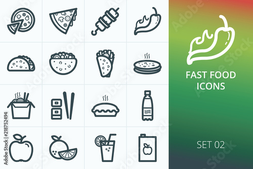 Fast food icons set. Set of pizza, pita, kebab, gyros, asian food, fruits, fresh, juice icons