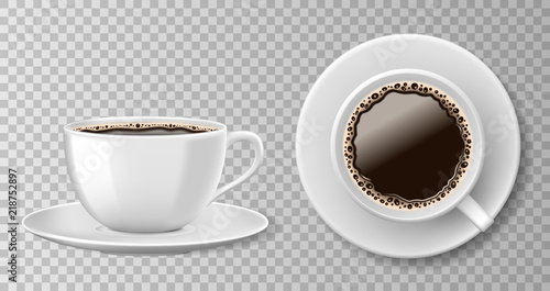 Realistic coffee cup top view isolated on transparent background. White blank mug with black coffee and saucer. Vector illustration