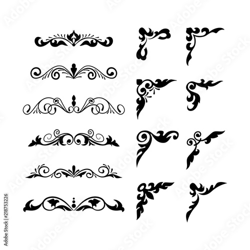 Hand drawn divider and corner set vintage style. Traced by hand from own sketch. Collection black floral decorative element