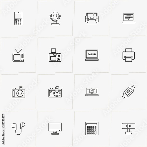 Gadgets line icon set with earphones, television and mobile phone