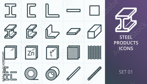 Metal and steel products icon set. Metallurgy industry vector icons set. Set of expanded metal, i-beam steel bar, rolled steel, rebar, armature isolated vector icons