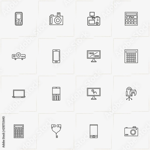 Gadgets line icon set with earphones, photo camera and mobile phone
