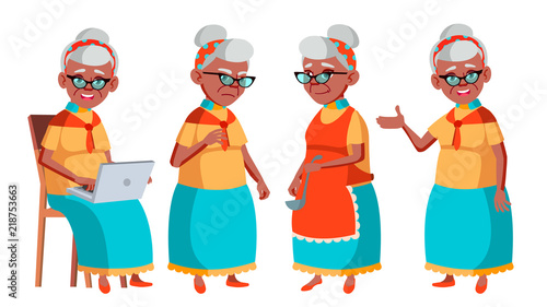 Old Woman Poses Set Vector. Black. Afro American. Elderly People. Senior Person. Aged. Positive Pensioner. Web, Brochure, Poster Design. Isolated Cartoon Illustration