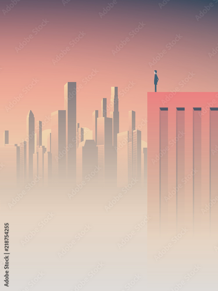 Business opporunities vector concept with businessman standing on skyscraper with corporate skyline in background. Symbol of future, leadership, mission, objectives, success.