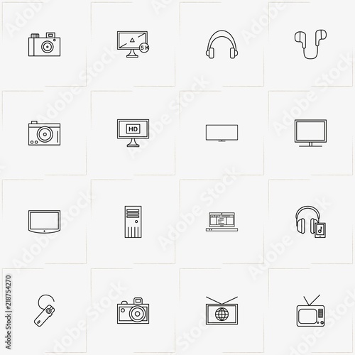 Gadgets line icon set with earphones, photo camera and television