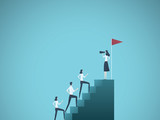 Business woman leader vector concept. Businesswoman speaking to team climbing stairs with megaphone. Symbol of motivation, ambition, leadership.