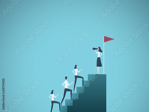 Business woman leader vector concept. Businesswoman speaking to team climbing stairs with megaphone. Symbol of motivation, ambition, leadership.