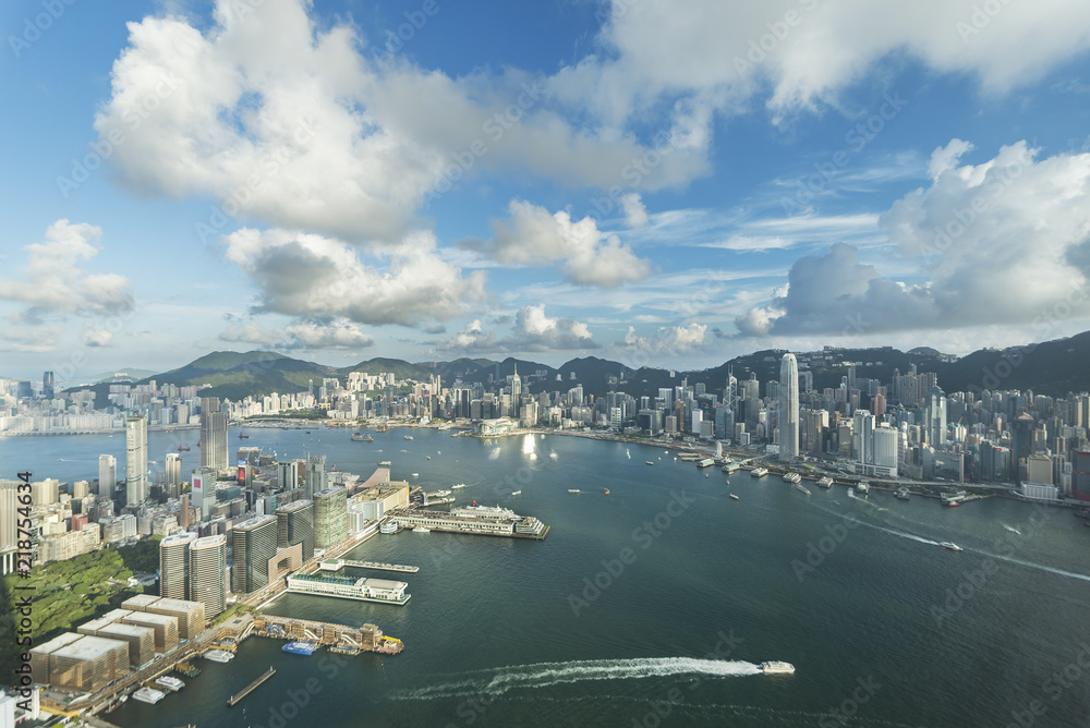 Aerial view of Victoria Harbor of Hong Kong City