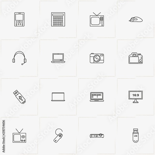 Gadgets line icon set with photo camera, television and mobile phone