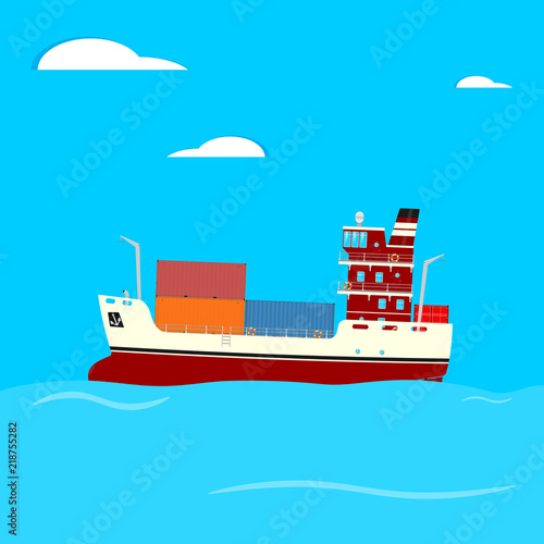 Cartoon container ship on a blue square background. Side view. Flat vector.