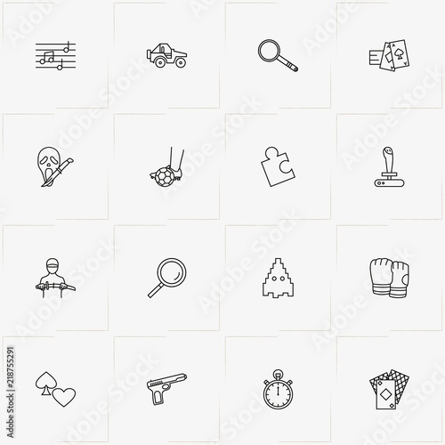 Games Genres line icon set with stopwatch, game joystick and puzzle