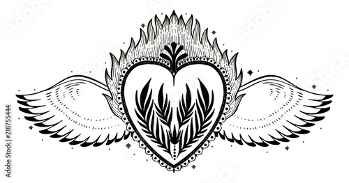 Sacred holy heart Jesus. Sacrament Religion symbol. Mystical icon hand drawn print. Mexico simbol.