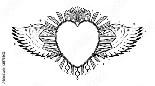 Sacred holy heart Jesus. Sacrament Religion symbol. Mystical icon hand drawn print. Mexico simbol.
