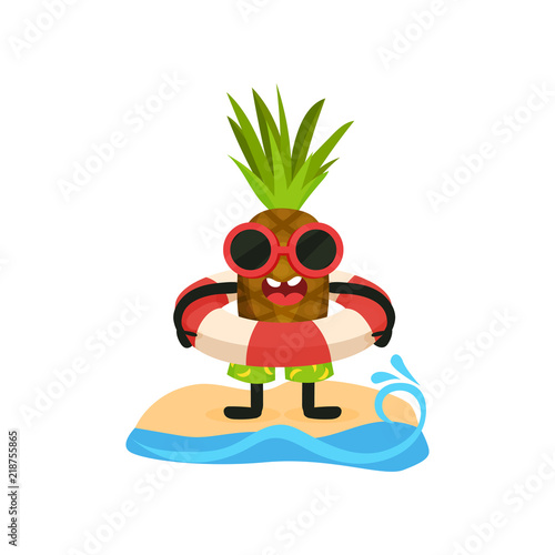 Funny pineapple in sunglasses standing on the beach with lifebuoy, tropical humanized fruit character spending time on the beach in summer holidays vector Illustration on a white background
