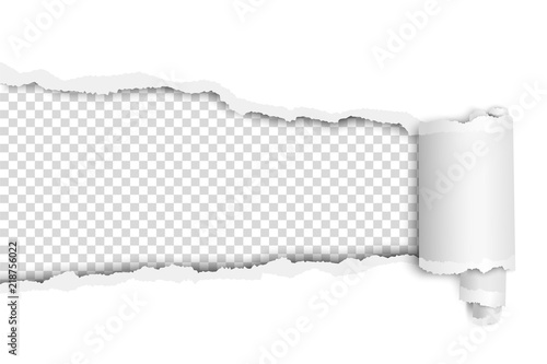Vector torn long hole in white sheet with wrapped paper tear and white background of resulting window. Template paper design.