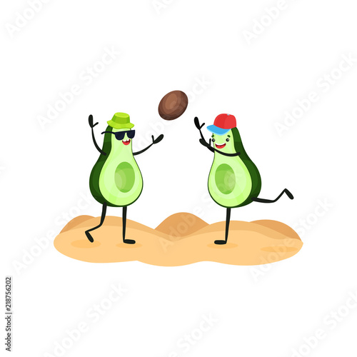 Two funny avocados playing ball at the beach, tropical humanized fruit characters spending time on the beach in summer holidays vector Illustration on a white background