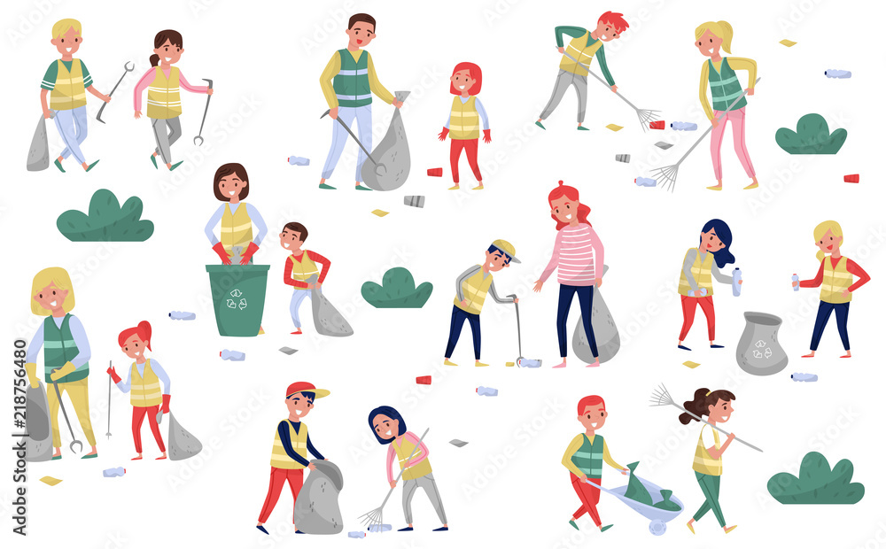 Volunteers gathering garbage and plastic waste for recycling set, parents and children taking part in garbage collection, environmental protection and education concept vector Illustrations