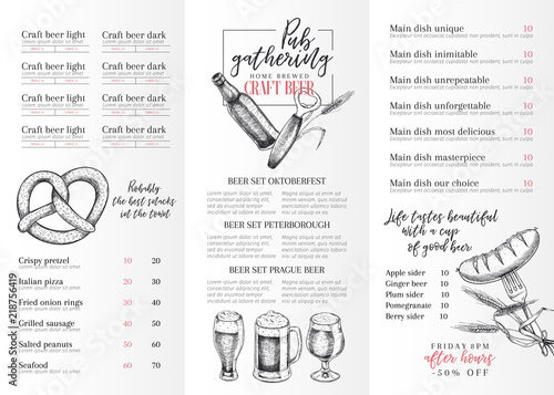 Hand drawn Oktoberfest pub menu template. Beer and snacks. Vector glass, bottle, opener, fish, pretzel, barley, hop, food. Alcohol beverages. Craft brewery Discount banner festival flyer pub poster.