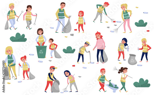 Volunteers gathering garbage and plastic waste for recycling set, parents and children taking part in garbage collection, environmental protection and education concept vector Illustrations