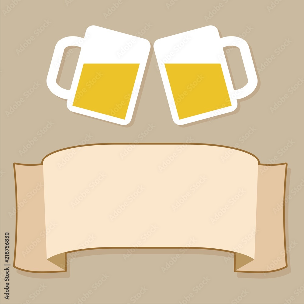 Two Mugs of Beer clink, with ribbon for text applicable for menu restaurant Two Mugs of Beer clink, with ribbon for text applicable for menu restaurant