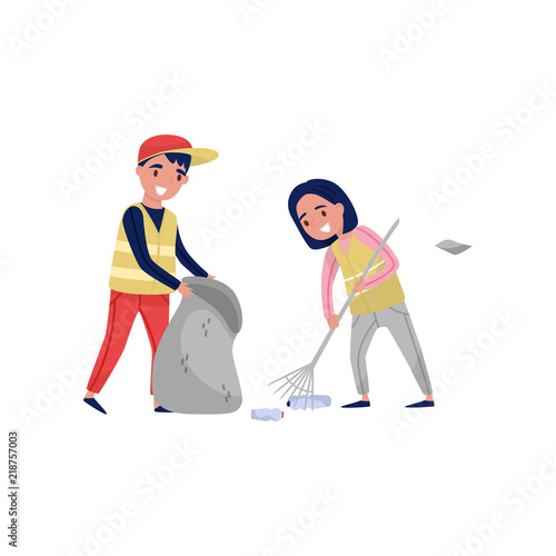 Boy and girl gathering garbage and plastic waste for recycling, environmental protection and education concept vector Illustration on a white background