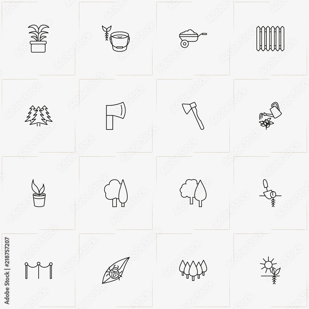 Gardening line icon set with fence, watering can and bug on leaf
