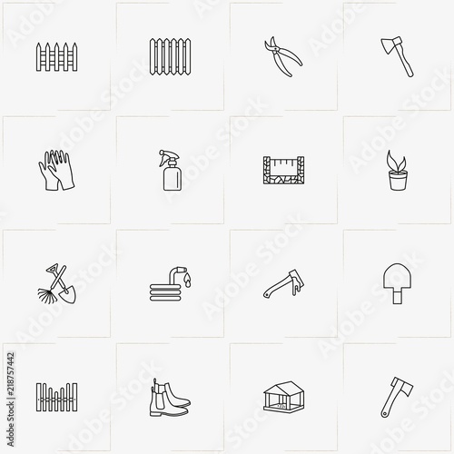 Gardening line icon set with garden rake with shovel, boots and nippers