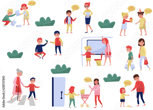 Flat vector set of polite children in different situations. Kids with good manners. Little boys and girls helping adults