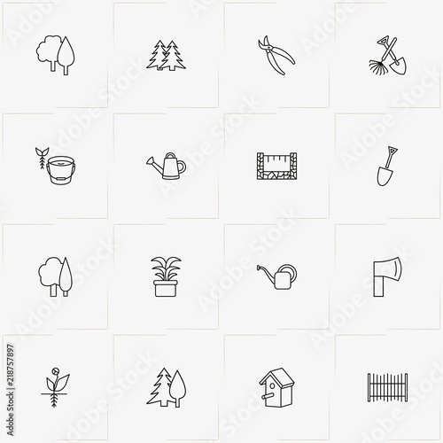 Gardening line icon set with trees, shovel and nippers