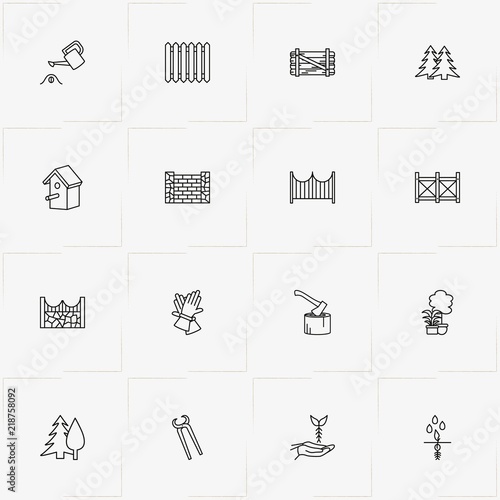 Gardening line icon set with plant root, nippers and watering can