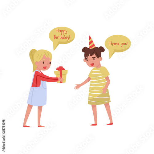 Excited little girl thanking her friend for Birthday present. Children with good manners. Flat vector illustration