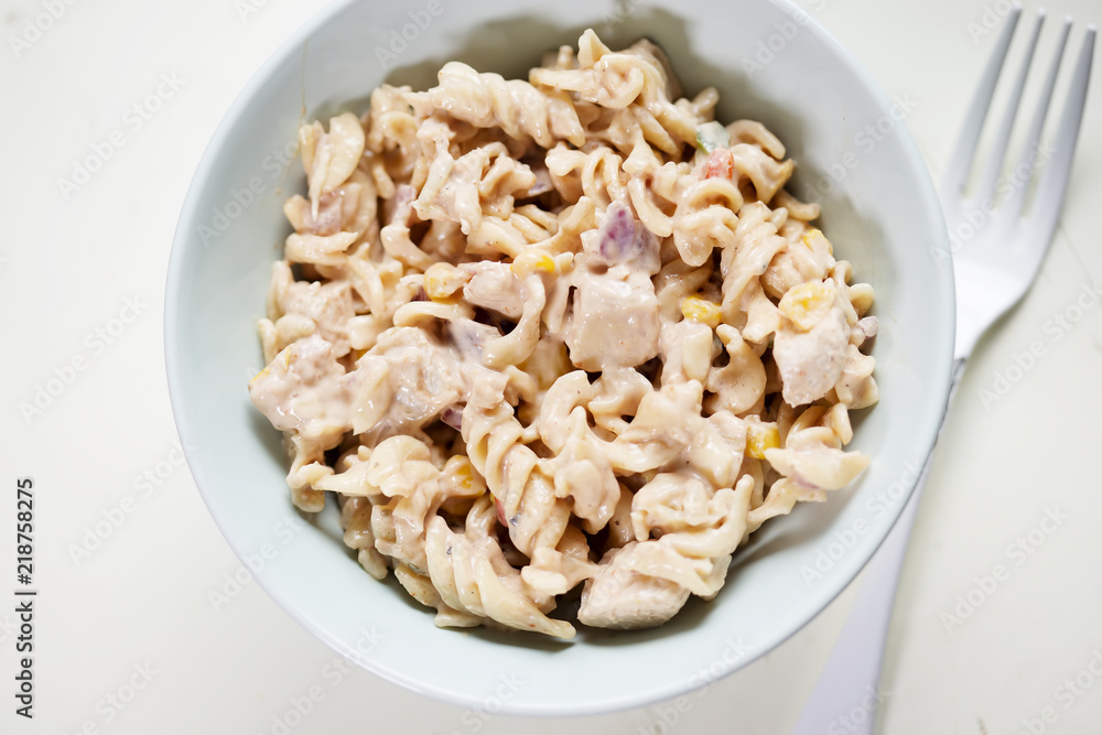 Cajun chicken pasta salad with corn, tomatoes and re onion Cajun chicken pasta salad with corn, tomatoes and re onion