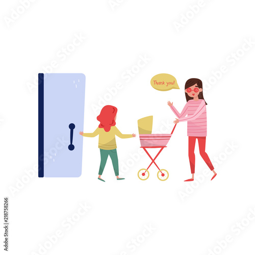 Little girl open the door to young mom with baby carriage. Kid with good manners. Politeness theme. Flat vector design