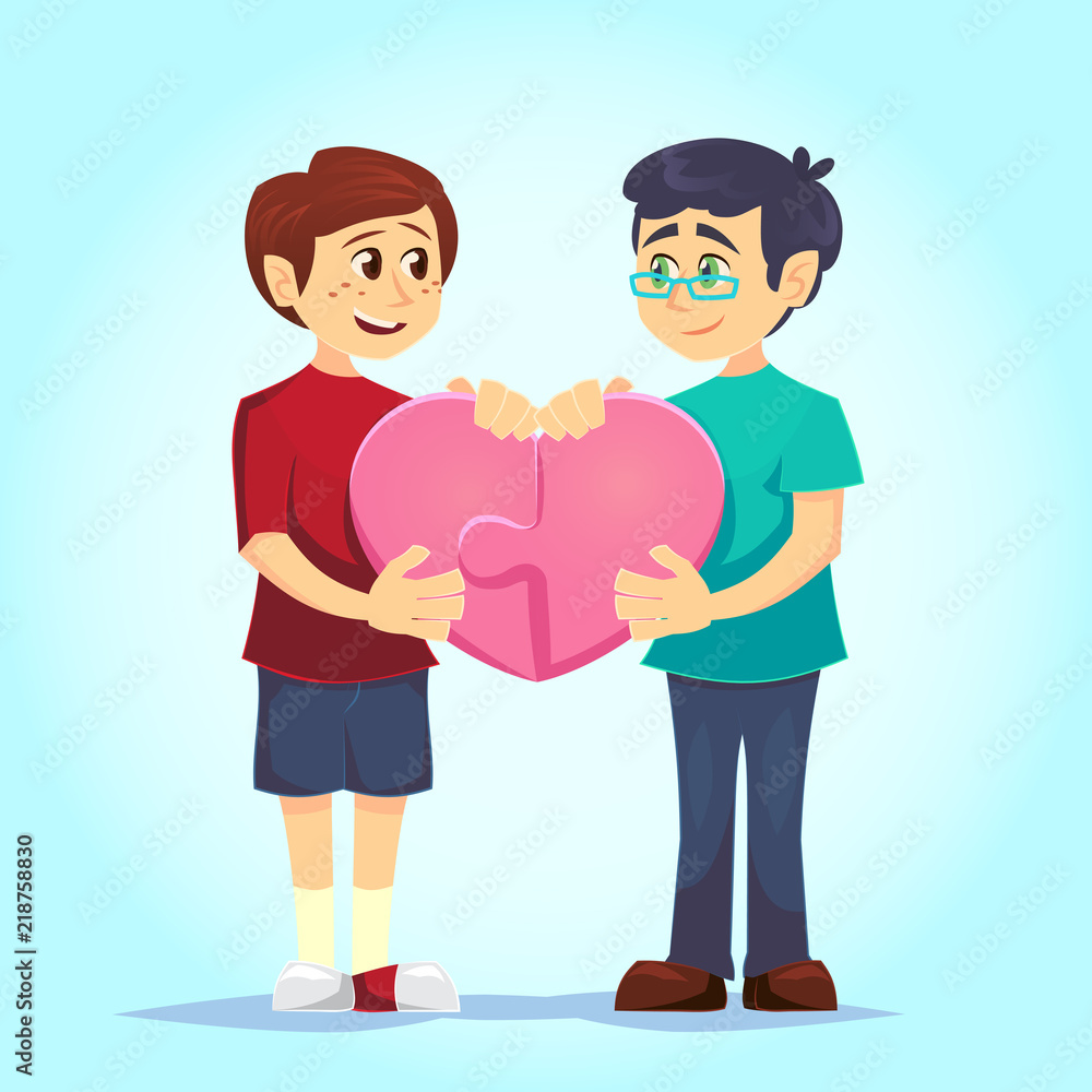 happy gay cute homosexual spouses Smiling young men lovingly put together  heart-shaped puzzle. Couple in love. Characters for the feast of Saint  Valentine. Vector illustration in cartoon style Stock Vector | Adobe