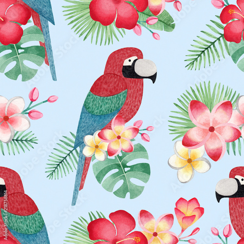 Watercolor illustrations of parrots  tropical flowers and leaves. Seamless tropical pattern