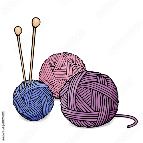 Balls of different colors of wool for knitting and knitting needles. Colorful vector illustration in sketch style.