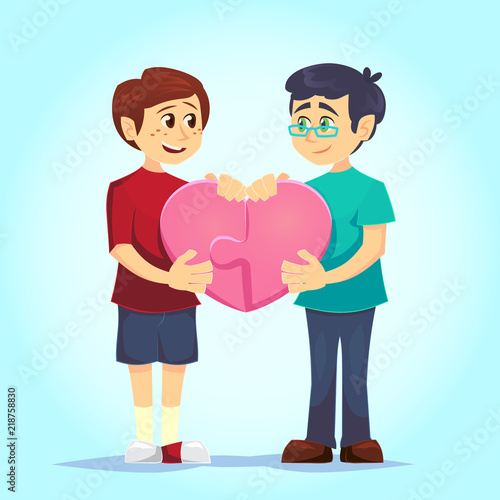 happy gay cute homosexual spouses Smiling young men lovingly put together heart-shaped puzzle. Couple in love. Characters for the feast of Saint Valentine. Vector illustration in cartoon style