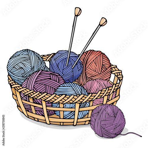Tangles of different colors with wool for knitting in a wicker basket. Colorful vector illustration in sketch style.